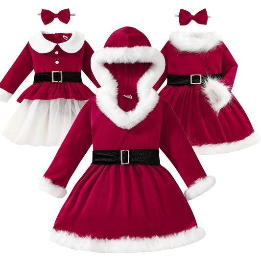 Christmas Party Girl Red Velvet Dress Children Fantasy Princess Frock Winter Toddler Birthday Gift Stage Performace Santa Sets