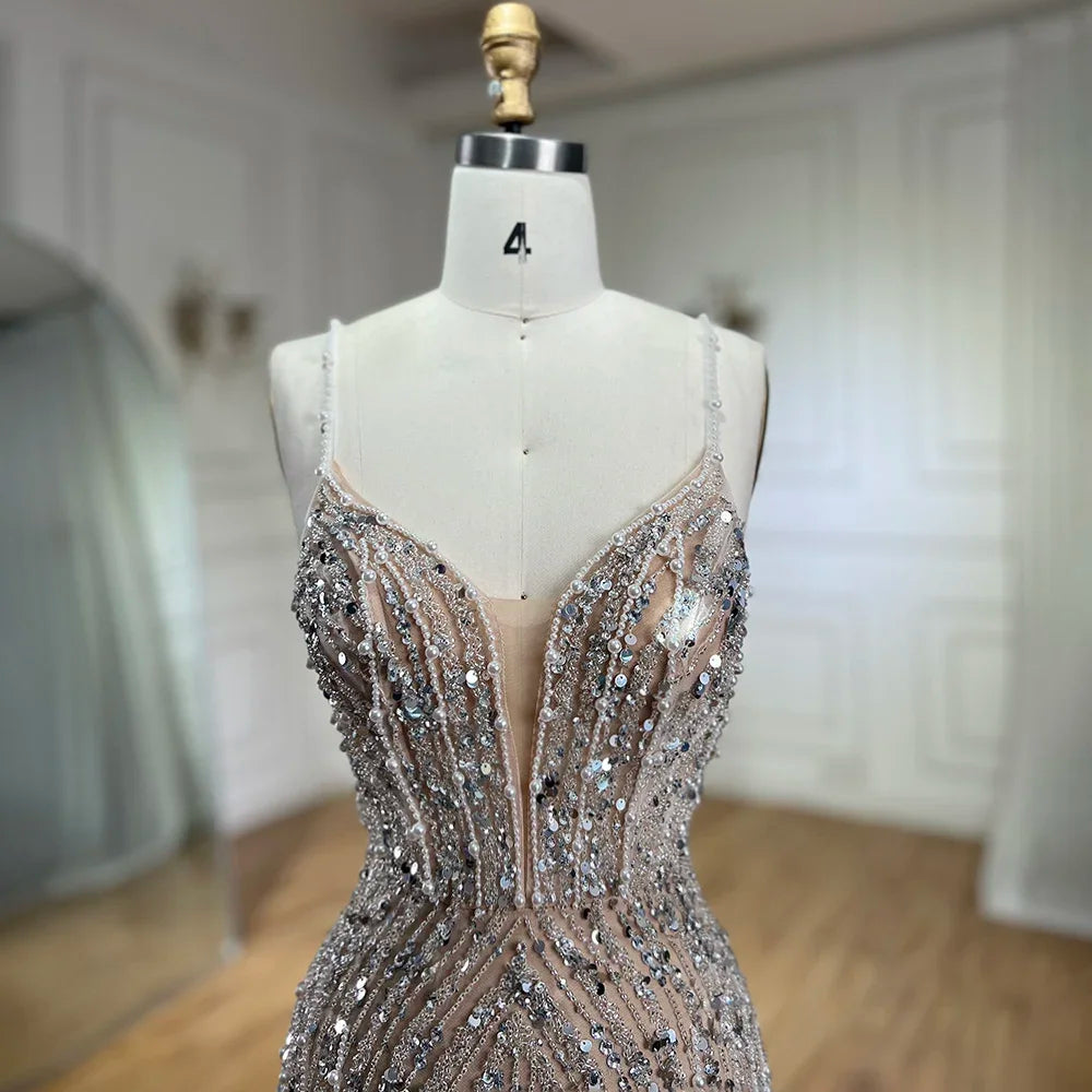 Homecoming Dresses: Spaghetti with split Strap Beaded Evening Dresses