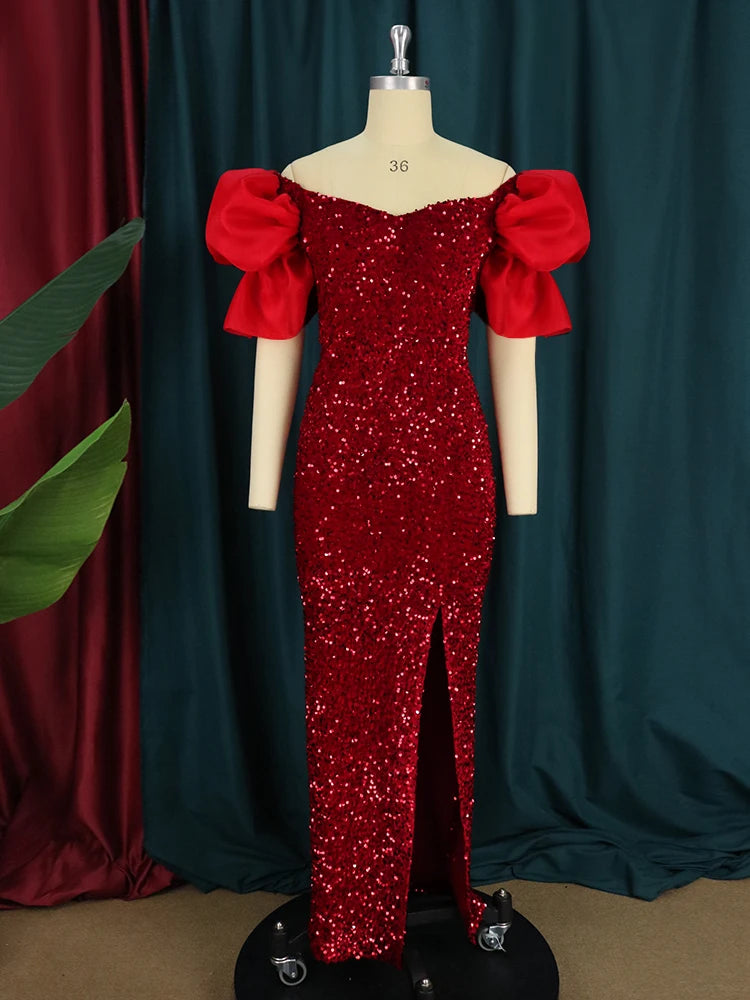 Homecoming Dresses: Off Shoulder Fluffy Sleeve High Slit Velvet Robes Big Size