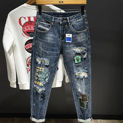 Men's Jeans Broken Tapered Torn with Print Trousers Graphic Retro Korean