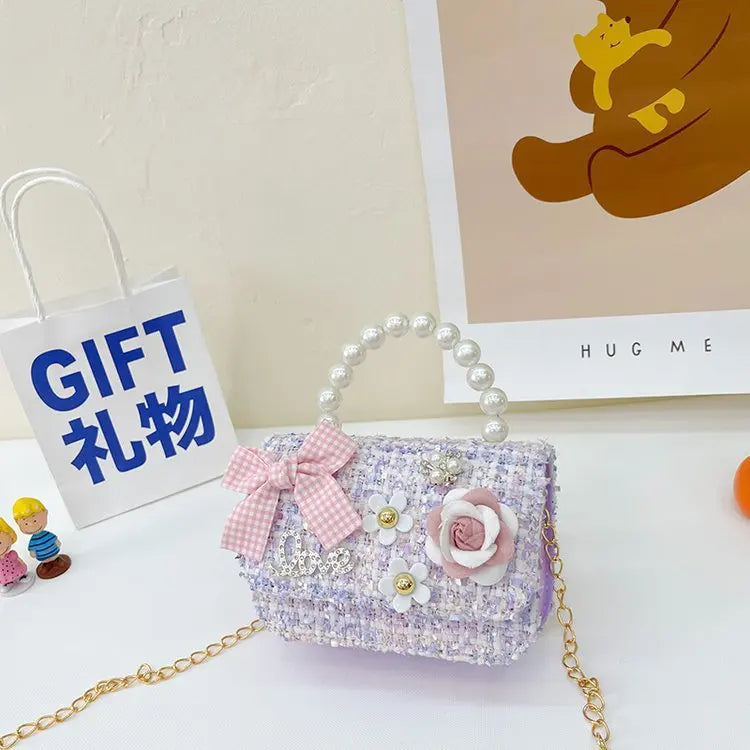 Korean Style Pearl Kid's Handbag Bow Princess Shoulder Messenger Bag