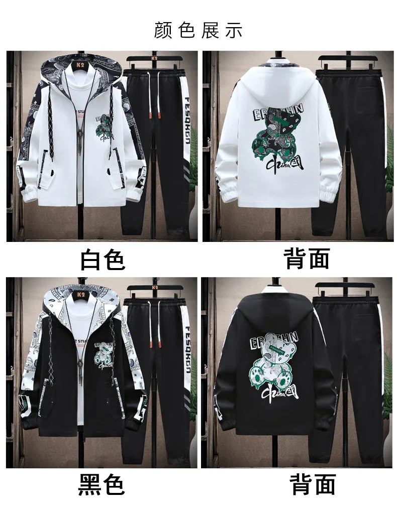 Spring Men Sportswear Tracksuit 2 Piece Running Sets Sports Hooded Jacket+Pant Sweatsuit Male Print Clothing Streetwear