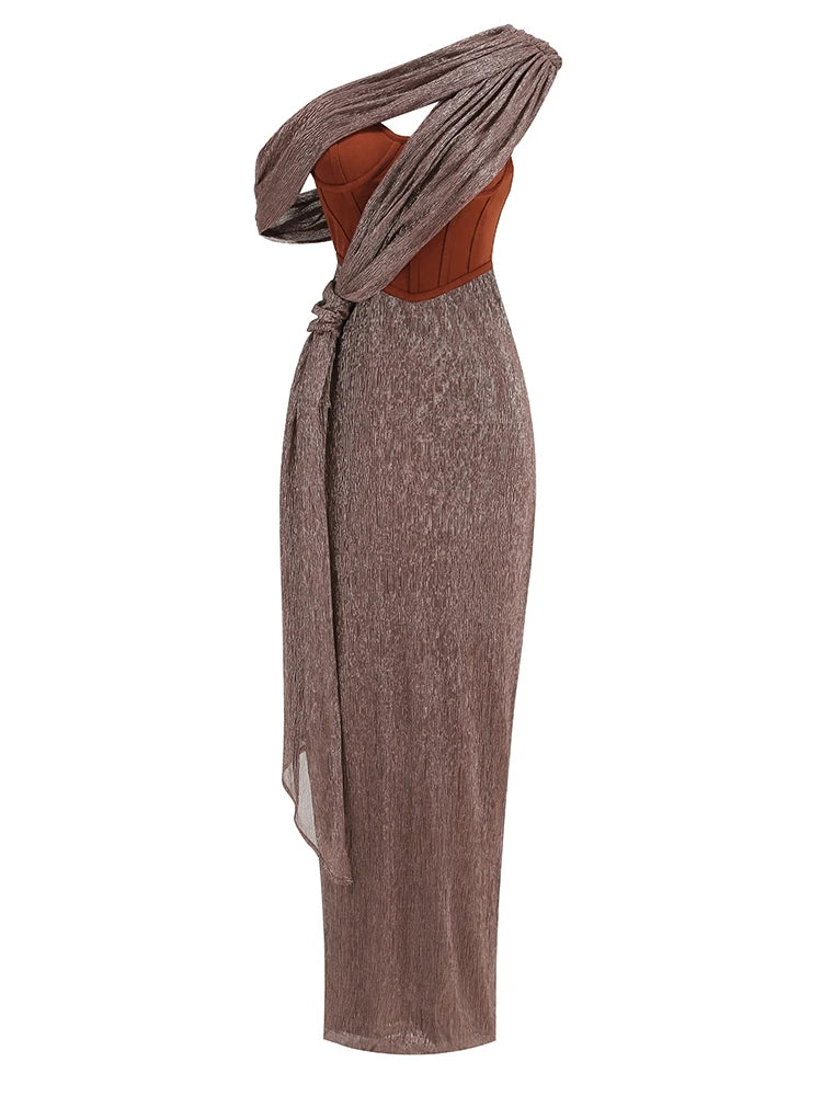 Evening Dresses: One Shoulder Draped Glitter Long Dress Women Brown