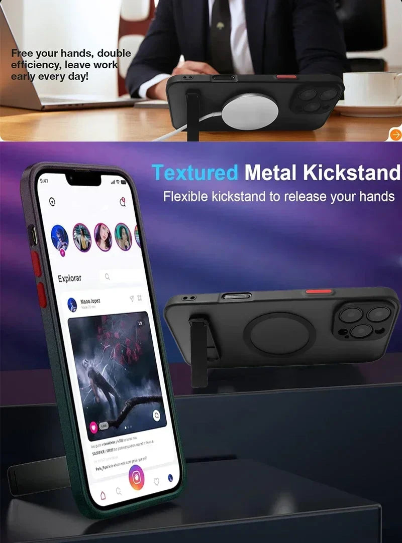 UYUXIO Magnetic Phone Case with Metal Kickstand for iPhone 17 16 Pro Max 15 14 Plus 13 12 Mini Stand Cases Cover with Holder