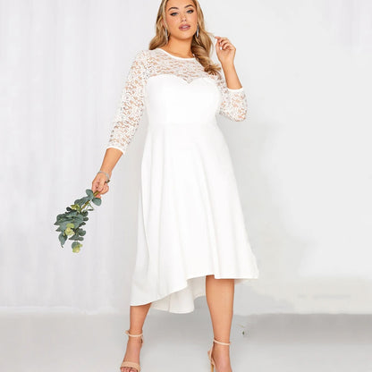 Plus Size 3/4 Lace Sleeve Spring Autumn Elegant Party Dress Women White Flt Flare Midi Dress Large Size Night Out Wedding Dress