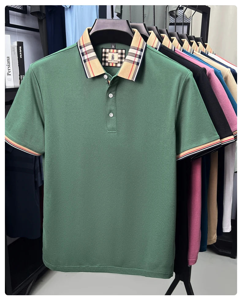 High end silky cotton breathable short sleeve polo shirt men's summer new trend plaid lapel designer brand casual golf T-shirt