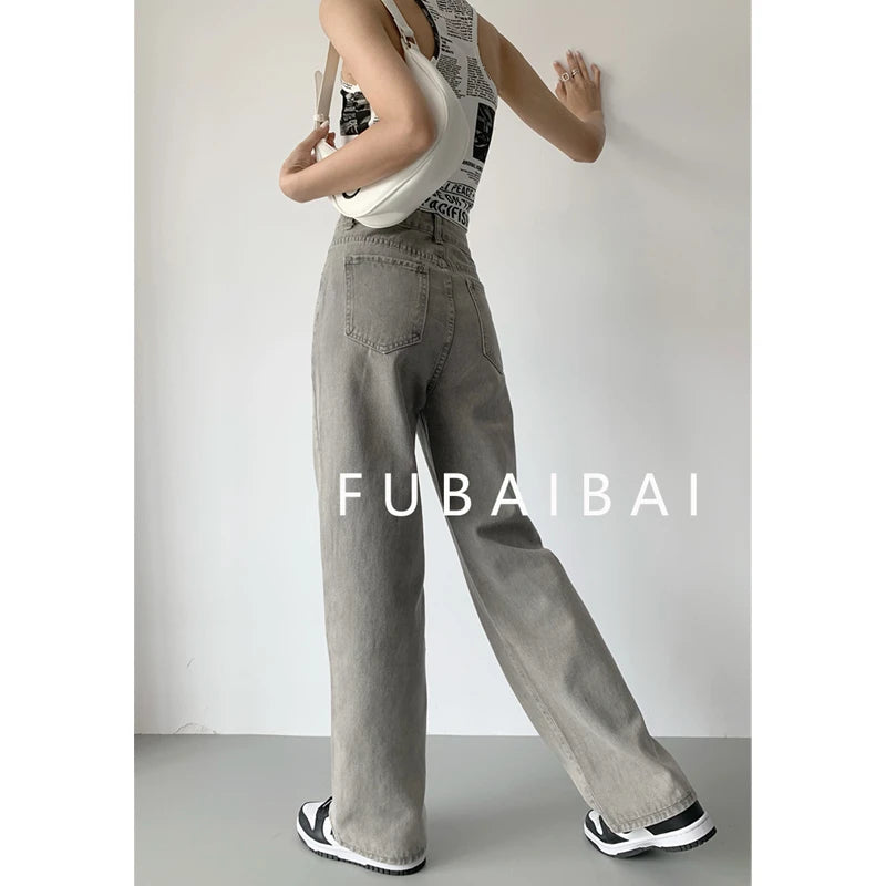 Grey Womens Jeans High Waist Vintage Straight Baggy Denim Pants