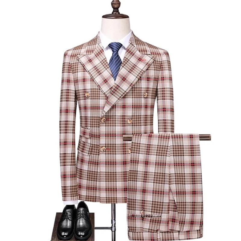 Tuxedo for Mens: Men Double Breasted Plaid Suit Coat Pants 2 Pcs Set / Male Slim Fit