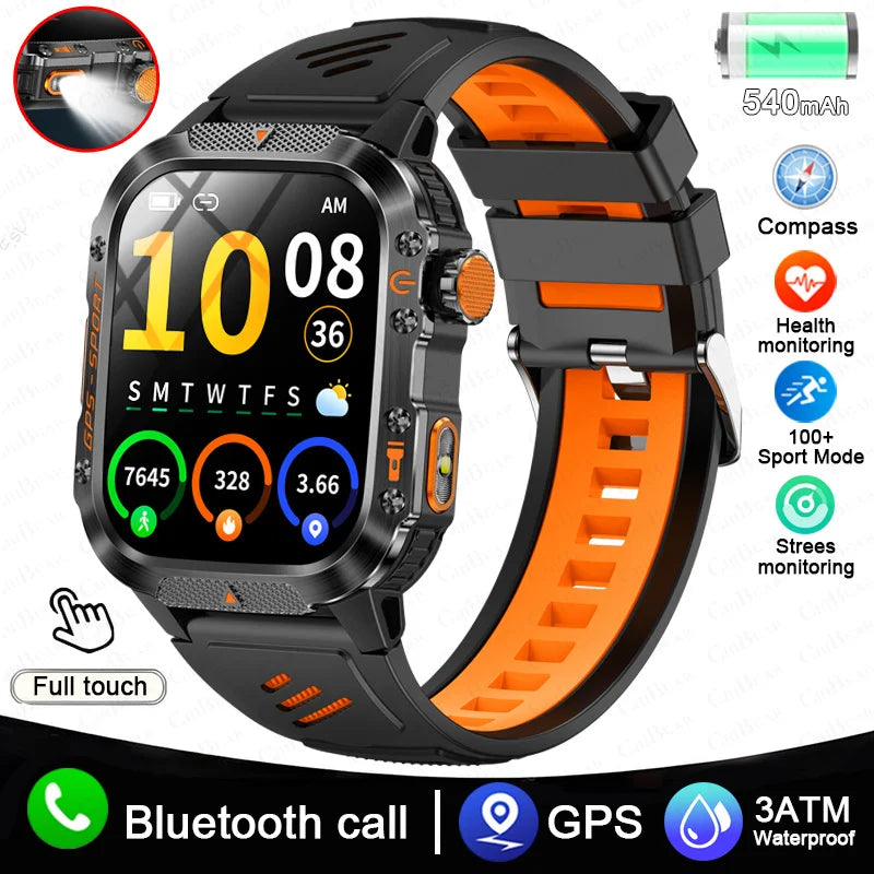 2025 New Military Outdoor Smart Watch Men's GPS Flashlight Bluetooth Call 2.01" AMOLED Screen 3ATM Waterproof Sports Smartwatch