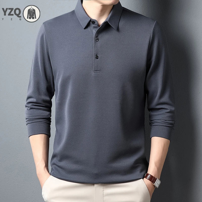 Men's Business Casual Polo Long Sleeve T-shirt Summer Comfortable  Solid Cotton Top