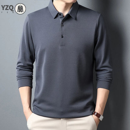 Men's Business Casual Polo Long Sleeve T-shirt Summer Comfortable  Solid Cotton Top
