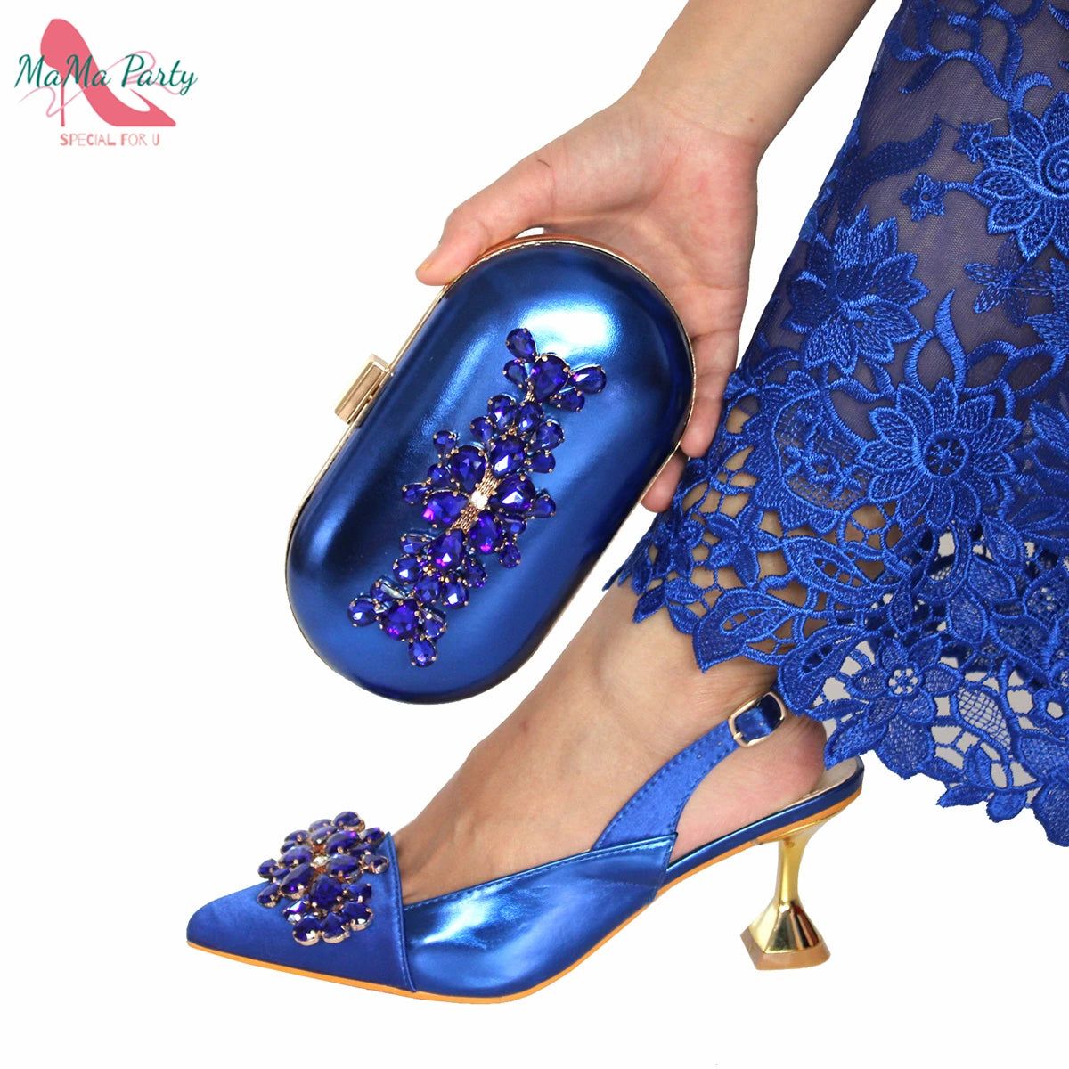 Royal Blue High Heel Sllingbacks Ladies Sandal Shoes Matching Bag Set For Nigerian Women Wedding Party Pump