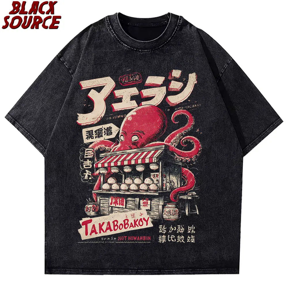 T176 Japanese Takoyaki T-shirt with octopus balls graphic t-shirts for street food lovers Anime Cotton Loose Top oversized