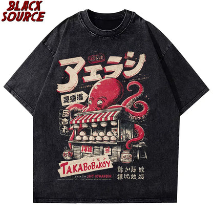 T176 Japanese Takoyaki T-shirt with octopus balls graphic t-shirts for street food lovers Anime Cotton Loose Top oversized