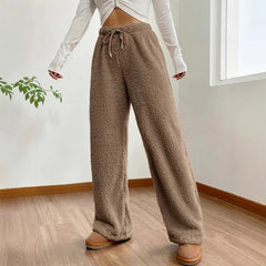 Solid Color Women Plush Warm Fleece Pants Casual Loose Drawstring Autumn Winter