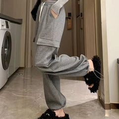 Plus Velvet Cargo Pants Women Men High Waist Drawstring Baggy Trousers Harajuku Big Pocket Oversized Pants Wide Leg Sweatpants