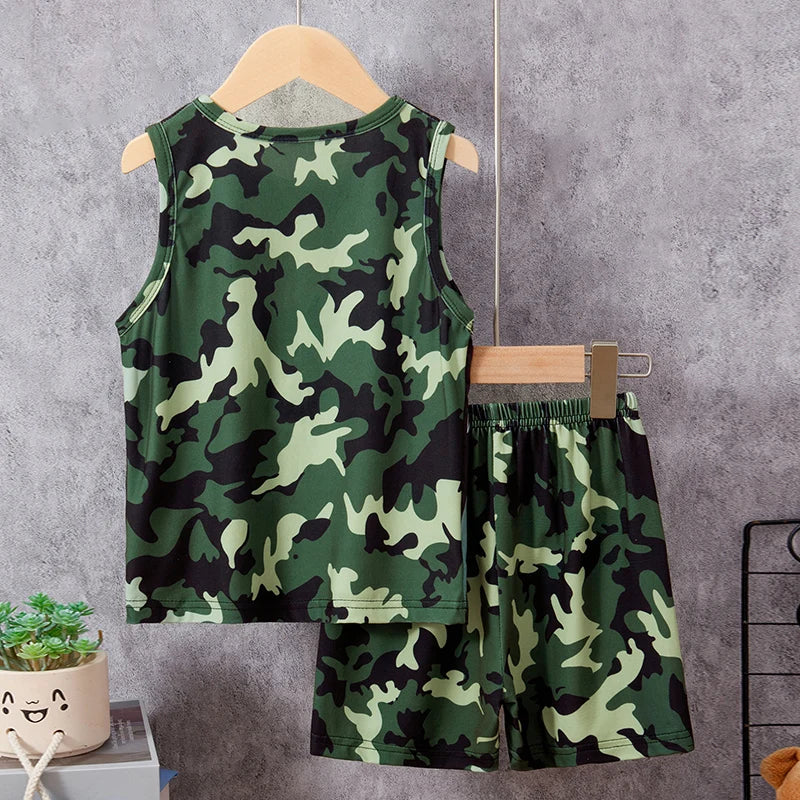 2-Piece Boy Summer Fun Printing Set Children's Casual Joker Camo Dinosaur Vest Girl Fashion Holiday Comfort Shorts T-shirt Set