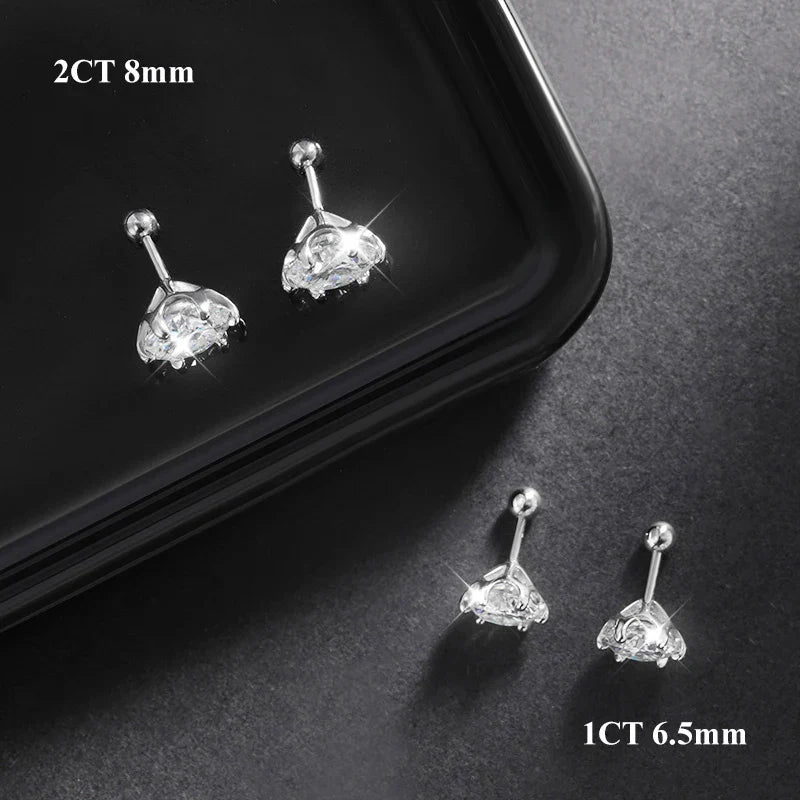 EWYA 0.2/0.5/2ct D Color Moissanite Screw Stud Earrings for Women Men Silver 925 Plated 18K Pass Diamond Test 6 Prong Earring