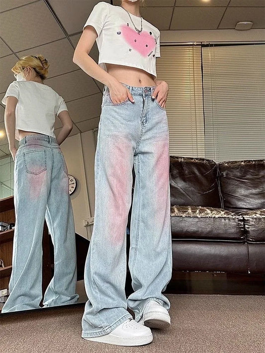 Y2k  Baggy Jeans Blue For Women's Summer High Waisted Graffiti Purple Straight Pants