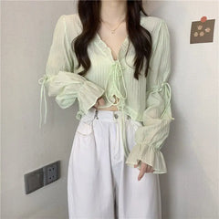 Sweet Ruffle Lace Up Cardigan Women Summer Long Sleeve Sunscreen Jacket