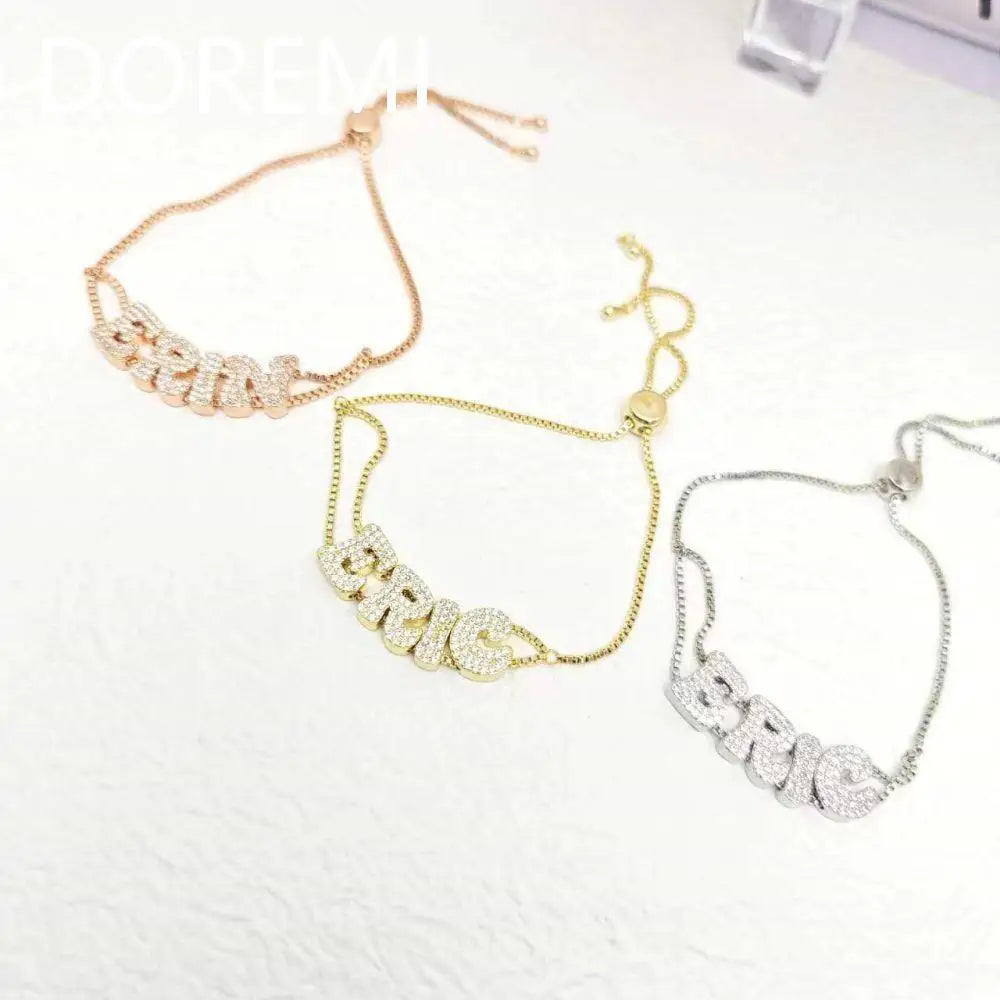 DOREMI Crystal Zircon Name Customized Letter Doubel Chain Mesh Dainty Sliding Slider Letter Personalize Name Bracelets