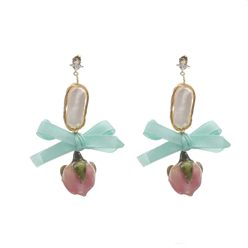 Natural Freshwater Pearl Enamel Resin Flower Earrings Korean Style Women's Luxury Vintage Jewelry Fashion Ladies and Girls Gift