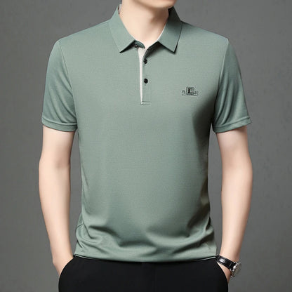 New Men's Business Casual Short Sleeved Shirt with Badge Solid Color Polo Shirt Fashionable Breathable Comfortable Versatile Top