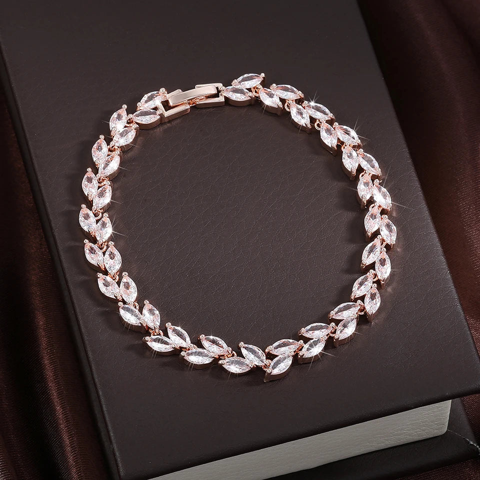 ZAKOL Fashion White Leaf Bracelets Bangles for Women Shinny Marquise Cut Cubic Zirconia Bridal Wedding Party Jewelry BP061