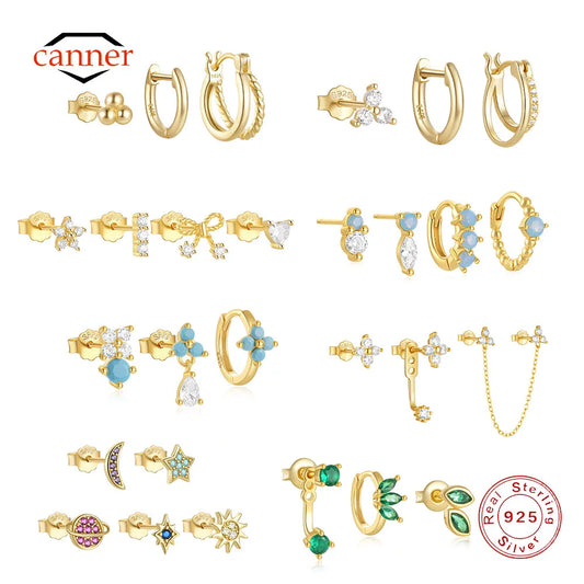 CANNER Set Double Layer Smooth Classic Hoop Earrings For Women 925 Sterling Silver Ins Flower Color Zircon Earrings Fine Jewelry