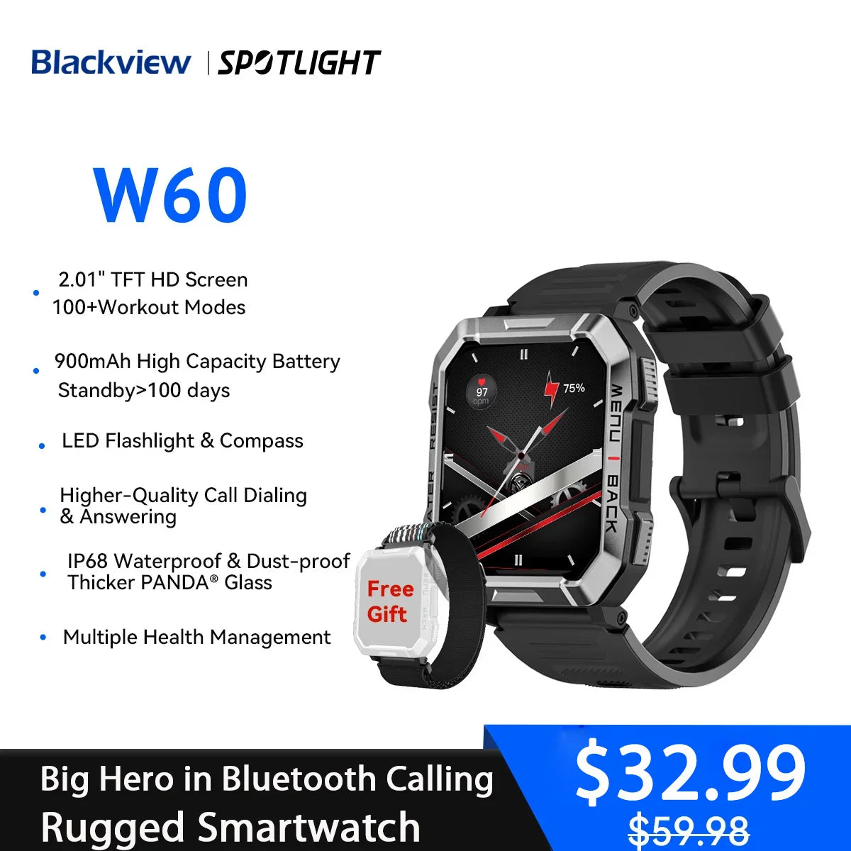 Blackview W60 Smartwatch 2.01'' HD Display TFT Rugged Smart Watch for Outdoor With Emergency Lighting Bluetooth Calling
