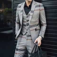 Blazers Pants Vest Set 3 Pieces Set / Men's Business Casual Fashion Three Piece Plaid Suit Jacket