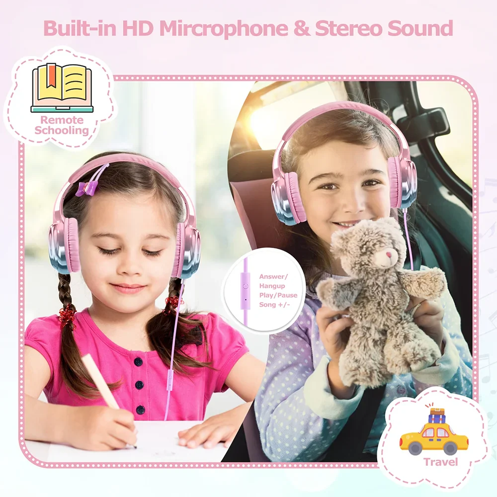Kids Headphones Wired for School 85/94dB Volume Limiter Foldable Stereo Sound Headset with Mic for Kids Girls Learning Tablet PC