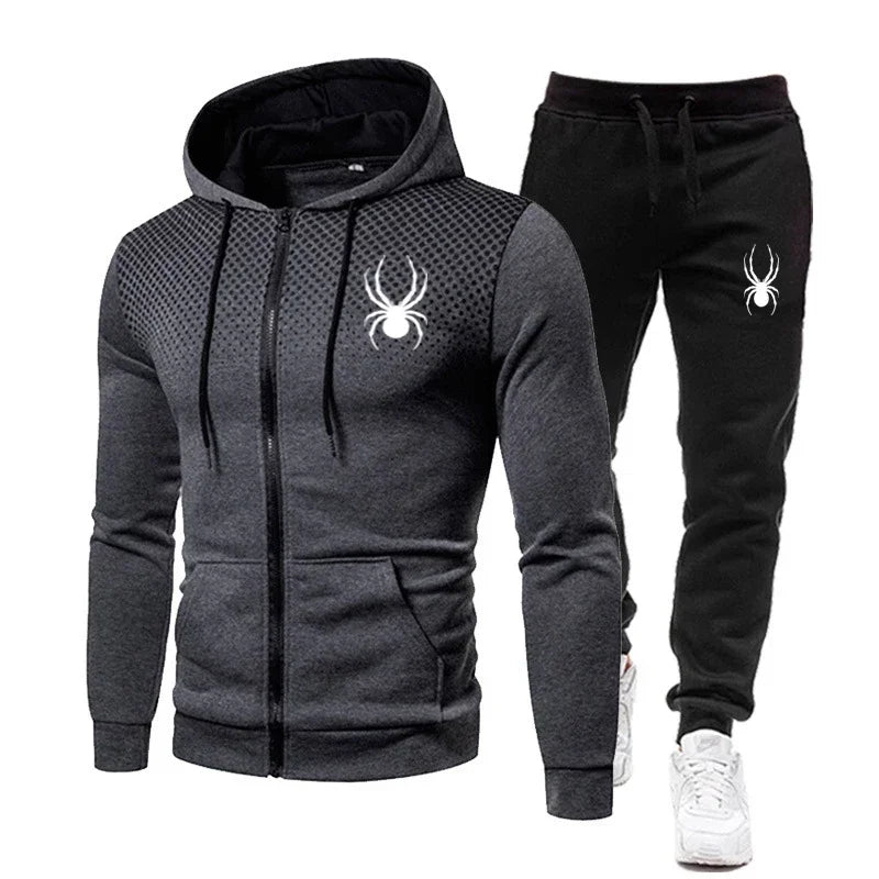 2025 Spring Winter spider print zipper long-sleeved hoodie + stretch waist pants two-piece men's sports jogging fitness suit