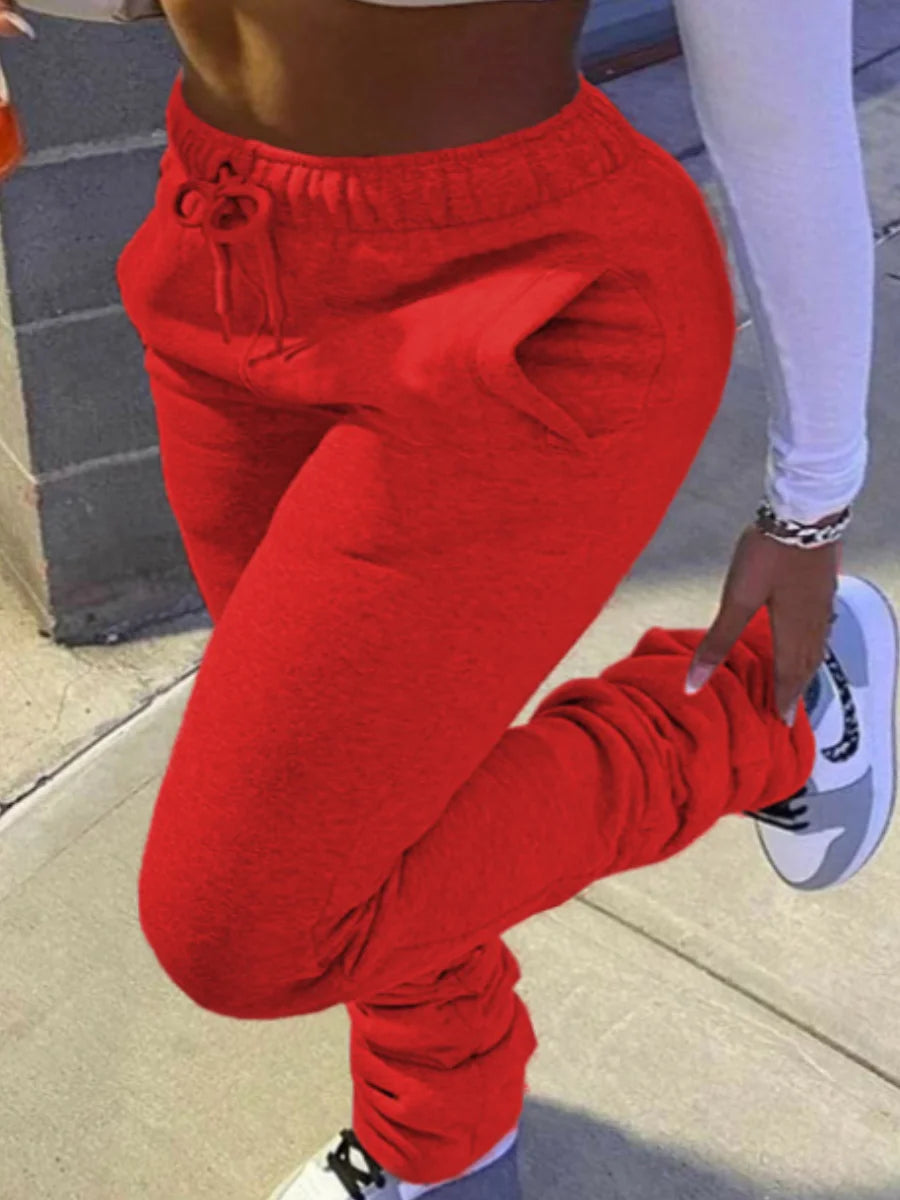 Plus Size Plain Pocket Sweatpants Mid Waist Drawstring Ruched Women Pants