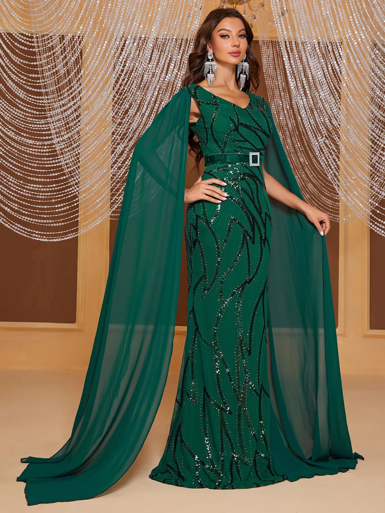 Evening wear Dresses: Women's Contrast Sequin Cloak Sleeve Belted Formal Dress