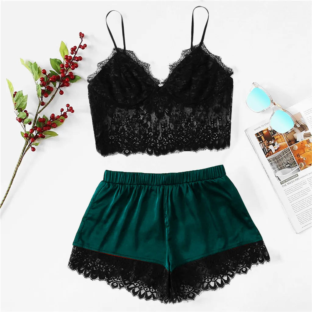 Lace Lingeries Set 2 Piece Set Exotic Deep V Suspenders