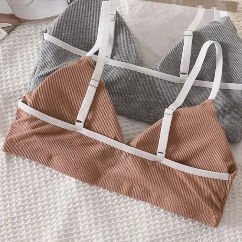 Women Cotton Bra Set Briefs Low Waist Panties Wire Free Bralette Sport Lingerie