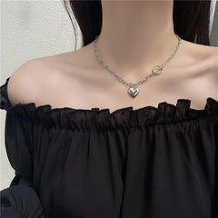 Punk Thick Lock Chain Heart Shape Pendant Choker Necklace for Women Retro Silver