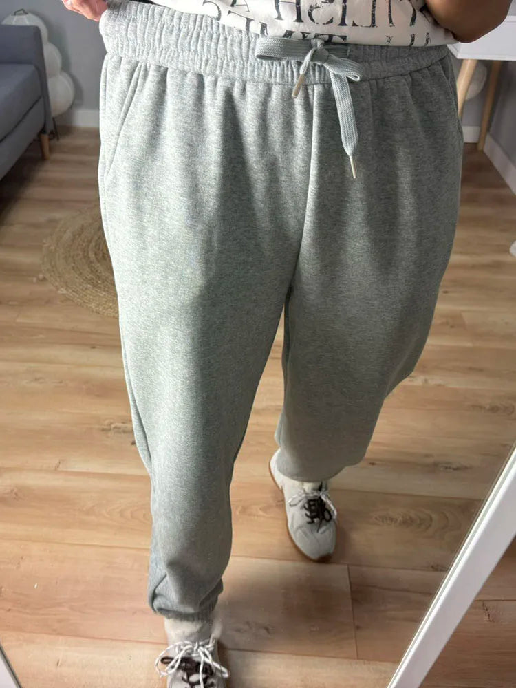 Sweatpants Women Winter Straight Leg Fleece Pants Elastic Waist Gray Velvet Trousers