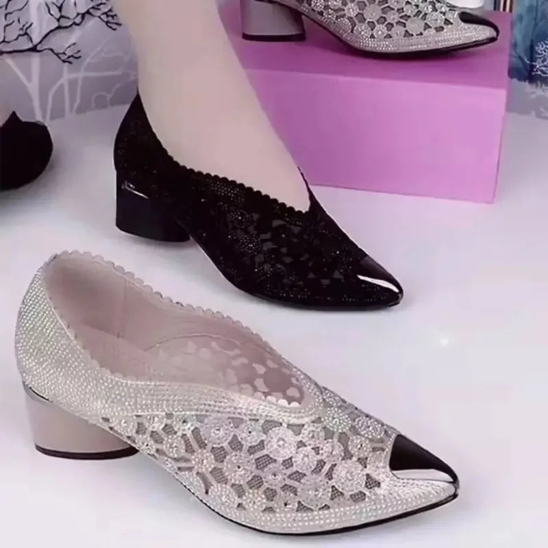 Womens Comfortable Heels: Water Diamond High Heel Pointed Black Bow Women's