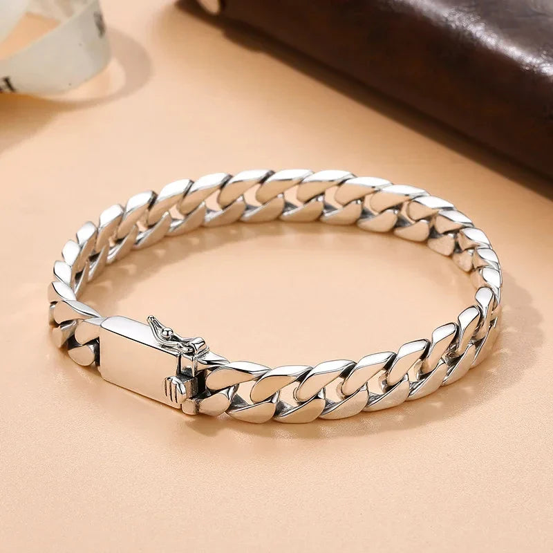100% S925 Sterling Silver Bracelet 8MM Punk S925 Silver Jewelry Never Fade Men Women Jewelry Gifts