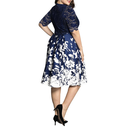 Women New Plus Size V-Neck Party/Cocktail Dress Summer Elegant Fashion Lace Patchwork Half Sleeve Zip Floral Printed Dresses