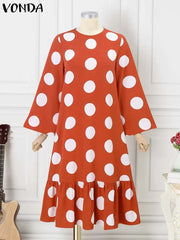 Plus Size 5XL Bohemian Polka Dot Printed Dress Women Long Sleeve