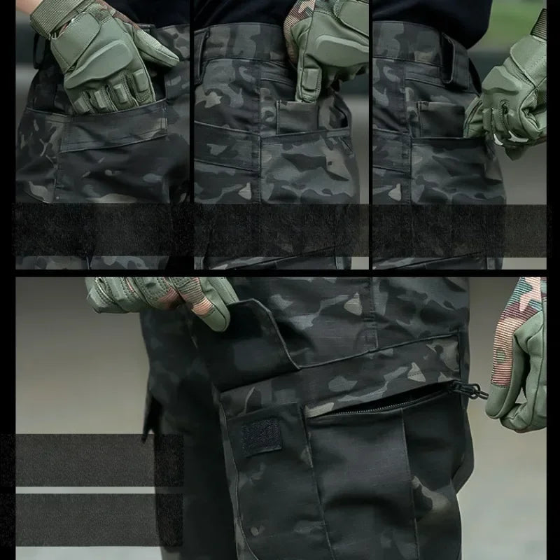 Autumn Tactical Sets Men Outdoor Breathable Short Sleeve Tshirt+Waterproof Straight Pant 2 Pcs Suits Camo Multi-pocket Cargo Set