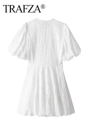 Women Elegant White Dress Short Sleeve V Neck Embroidered Mini Dresses