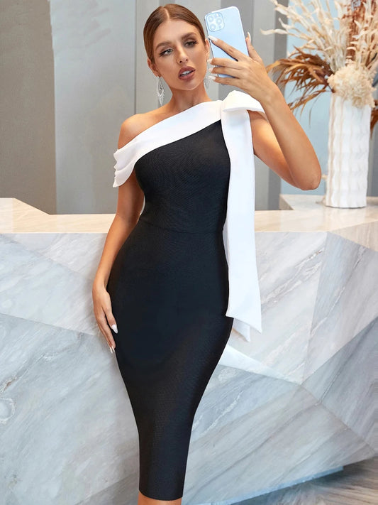Formal attire Dresses: Women's Stretch Knit Black Blue Bow Tie One Shoulder
