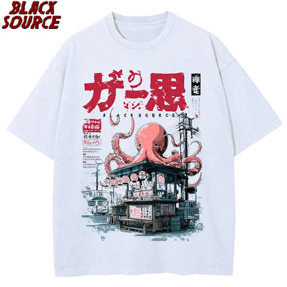 T176 Japanese Takoyaki T-shirt with octopus balls graphic t-shirts for street food lovers Anime Cotton Loose Top oversized