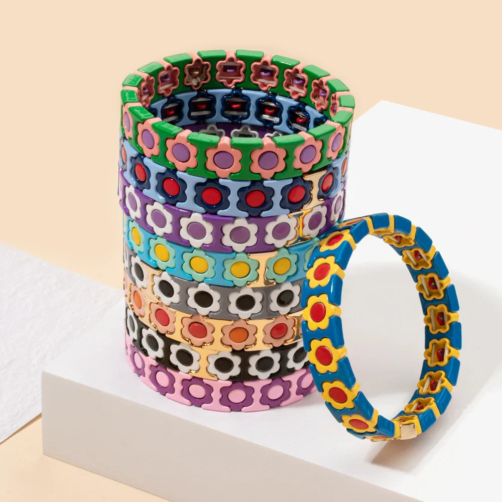New Design Colorful Flower Charms Bangle For Women Handmade Bohemian Elastic Flower Bracelets Metal Beads Jewelry