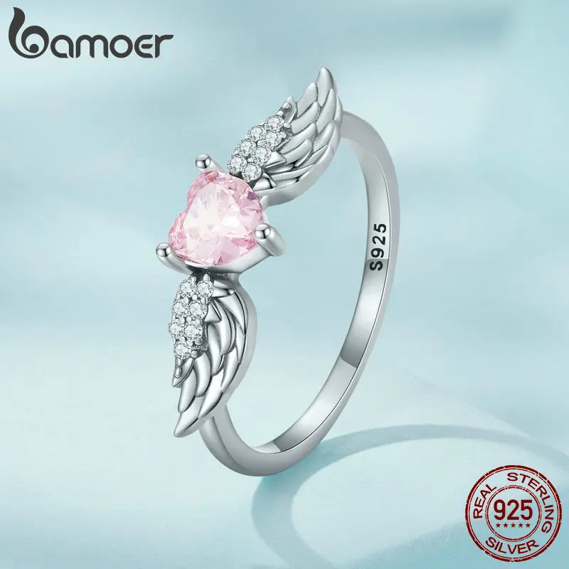 BAMOER 925 Sterling Silver Angel Wing Ring for Women Retro Feather Pink Heart Zircon Eternity Band Ring Anniversary Jewelry Gift