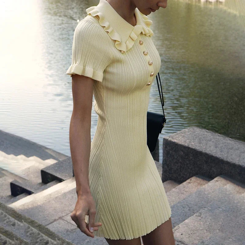 Tornova Ruffled Knitted Mini Dresses For Women High Waist Summer 2025 New Short Sleeve Dress Bodycon Female Retro Elegant Dress